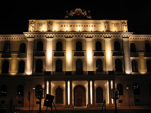 Austrian Mint building at night in Vienna