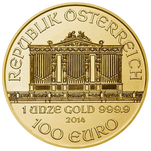 Gold Vienna Philharmonic obverse showing the Great Organ