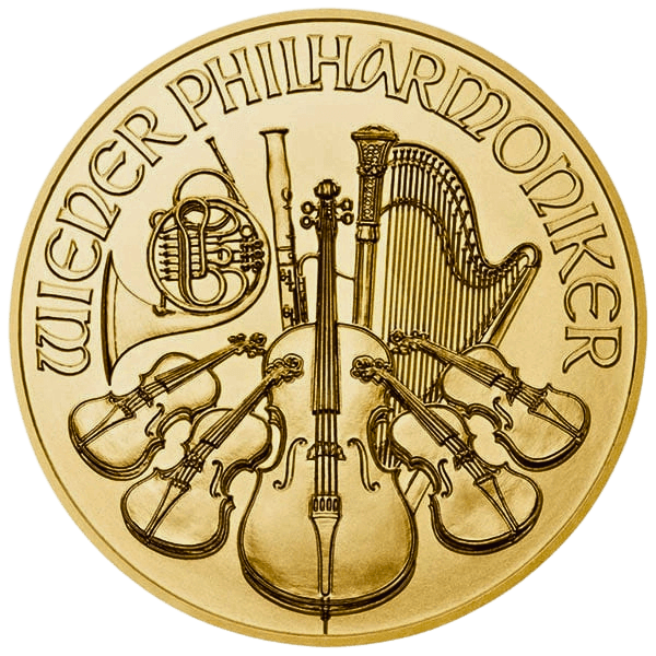 Gold Vienna Philharmonic reverse showing musical instruments